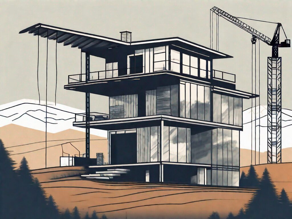 A half-constructed house with a construction crane in the background