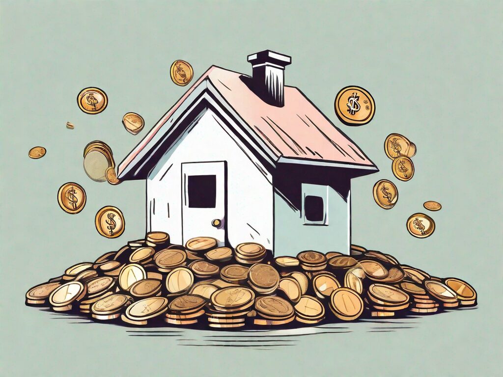 A house-shaped piggy bank with coins flowing into it