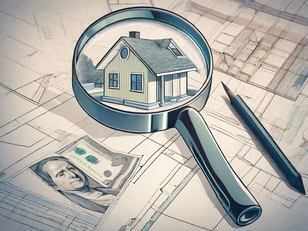 A magnifying glass hovering over a detailed architectural plan of a house