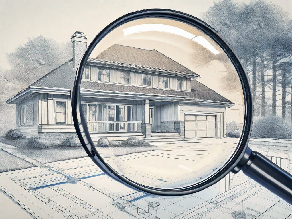 A magnifying glass hovering over a detailed architectural blueprint of a house