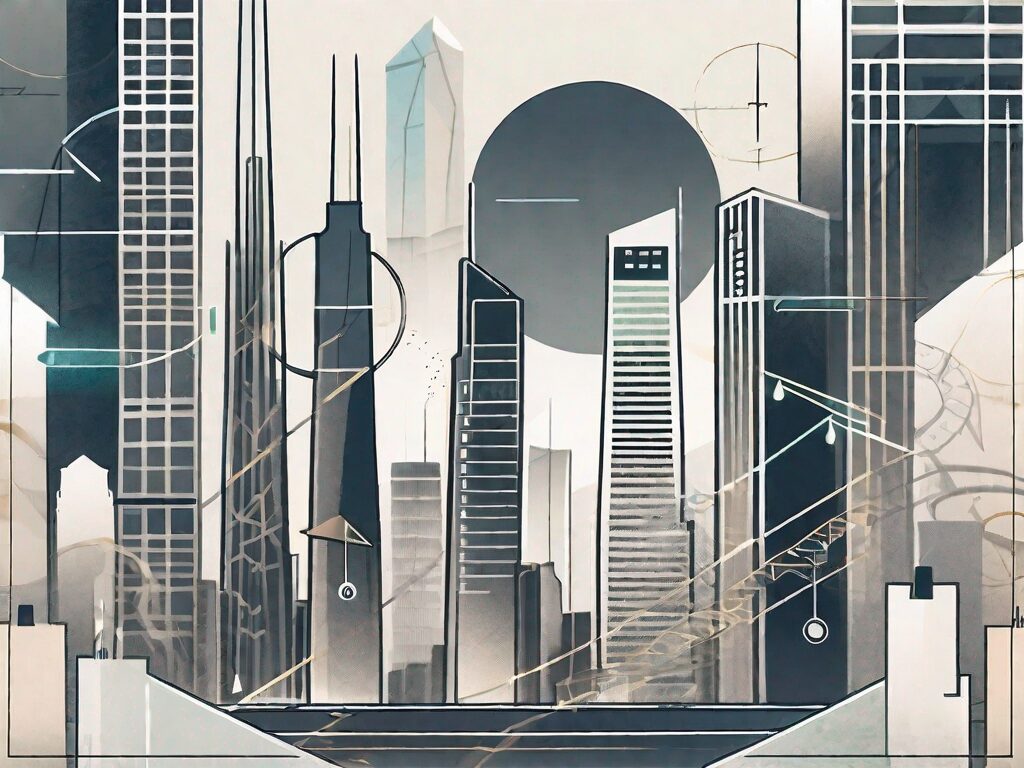 A futuristic cityscape with various types of buildings