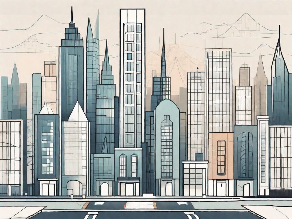 A cityscape with various stylized buildings representing different ibuyer companies