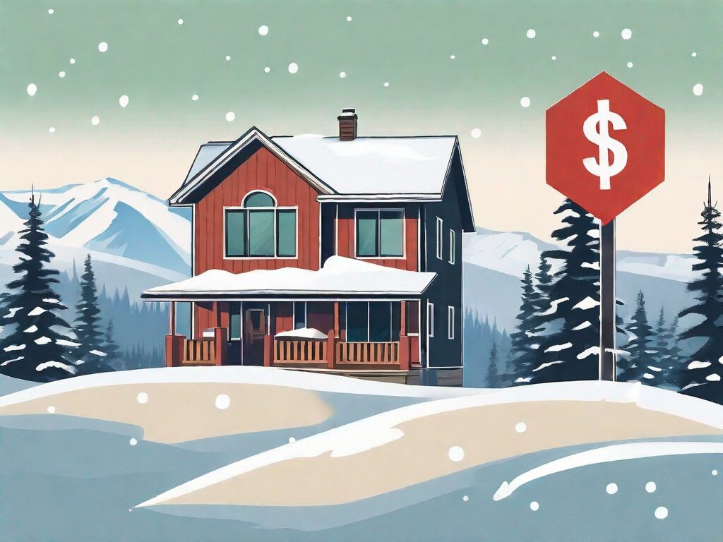 A house with a 'for sale' sign on a snowy alaskan landscape