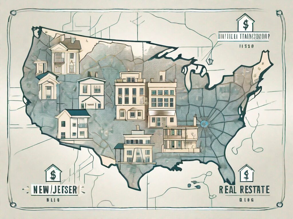 A stylized new jersey map with symbolic houses and dollar signs