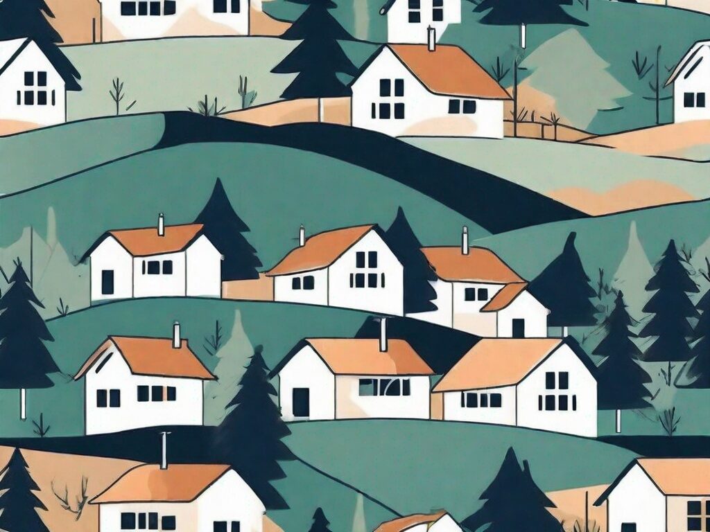 A picturesque montana landscape with stylized houses and a symbolic percentage sign