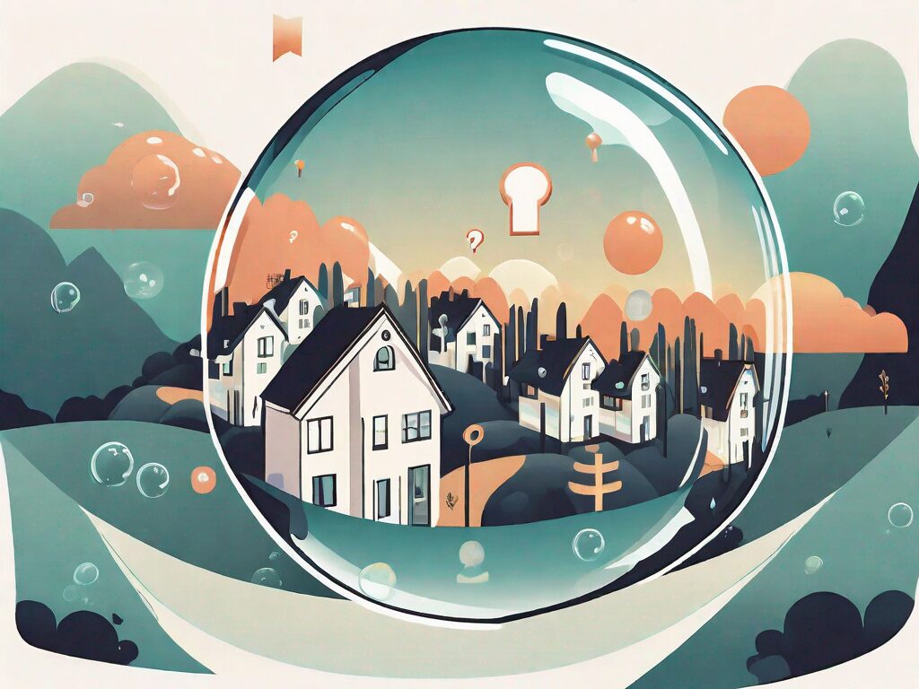 A large bubble floating over a stylized landscape of houses