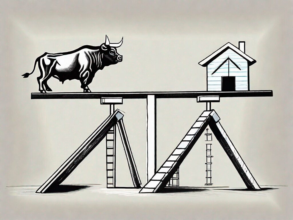 A teeter-totter with one side representing the stock market (symbolized by a bull and bear) and the other side representing real estate (symbolized by a house)