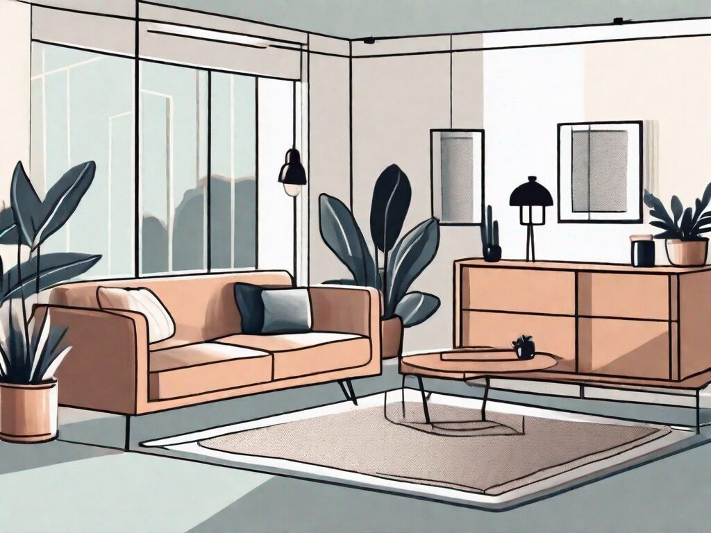 An empty room with strategically placed furniture and decor items