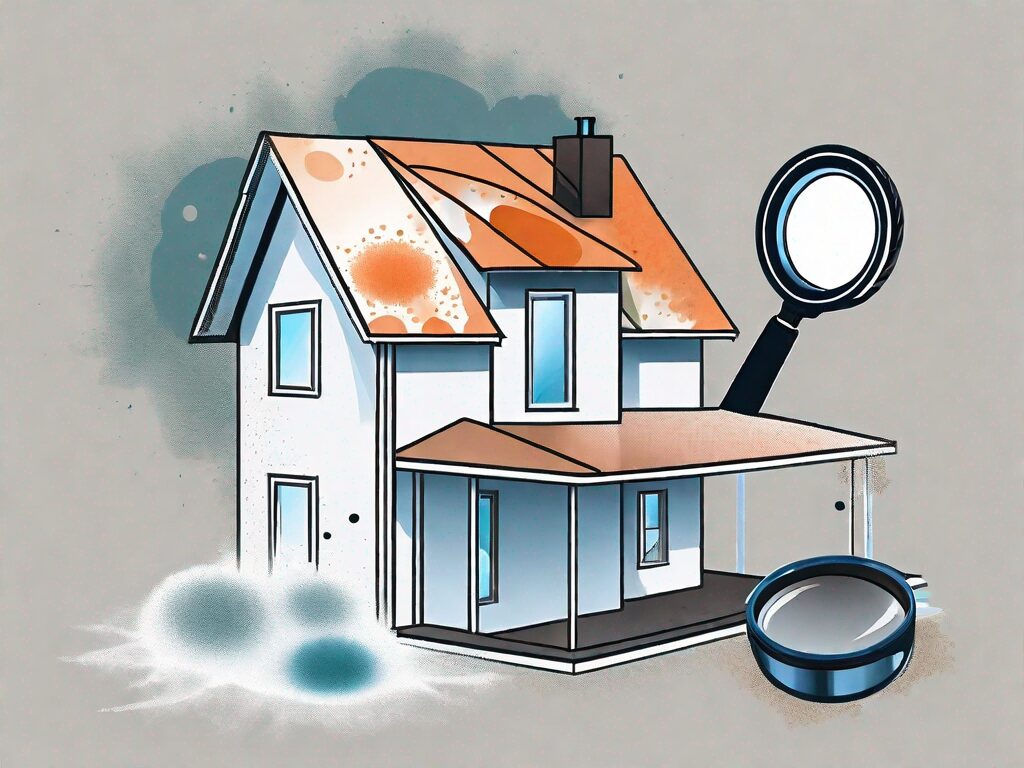 A house with visible mold spots on the walls and a magnifying glass hovering over it