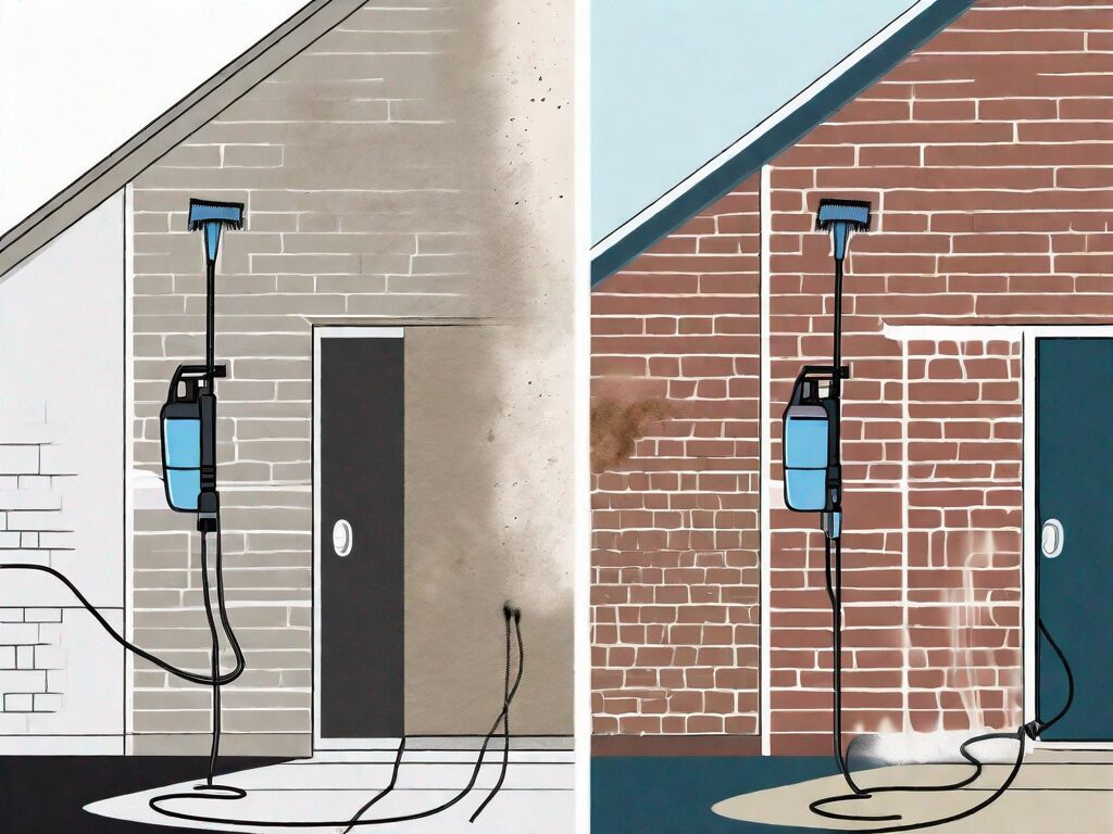 A pressure washer aimed at a dirty exterior wall of a house