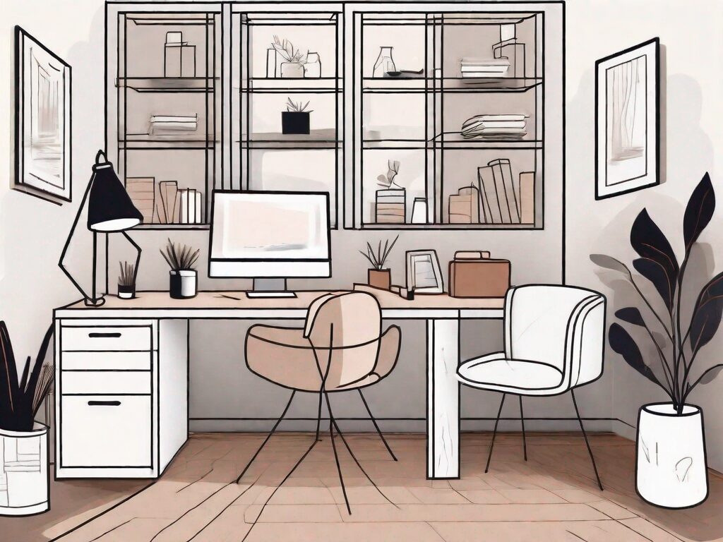 An office space filled with typical office items on the left side