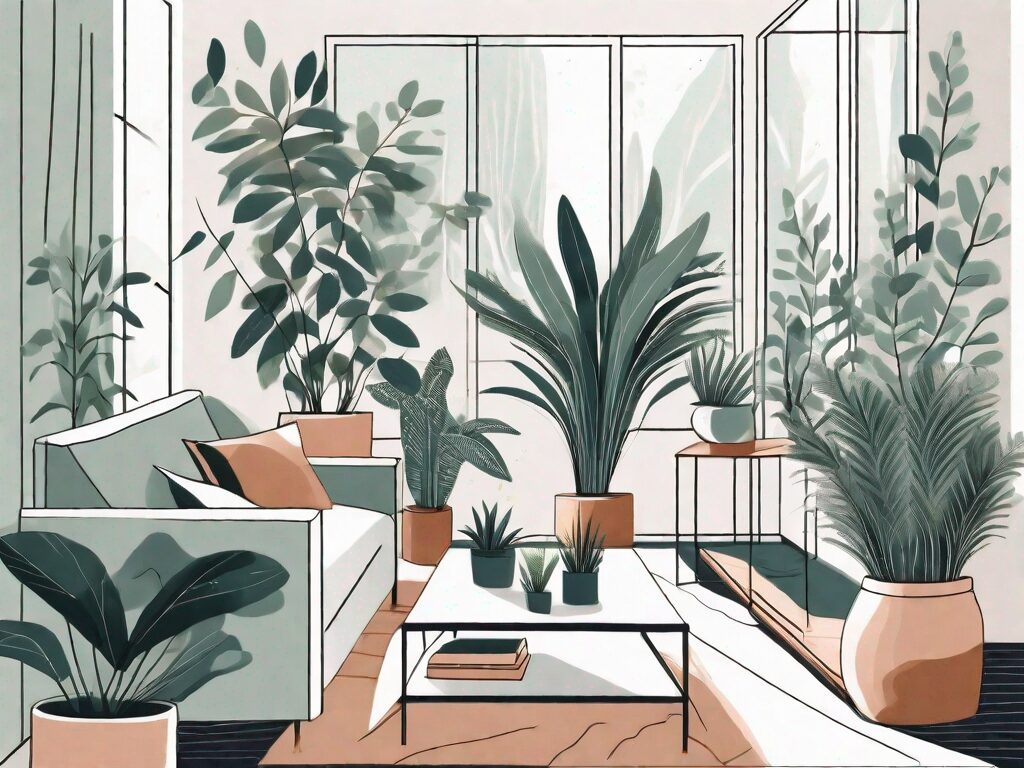 A variety of low-maintenance indoor plants arranged aesthetically in a modern