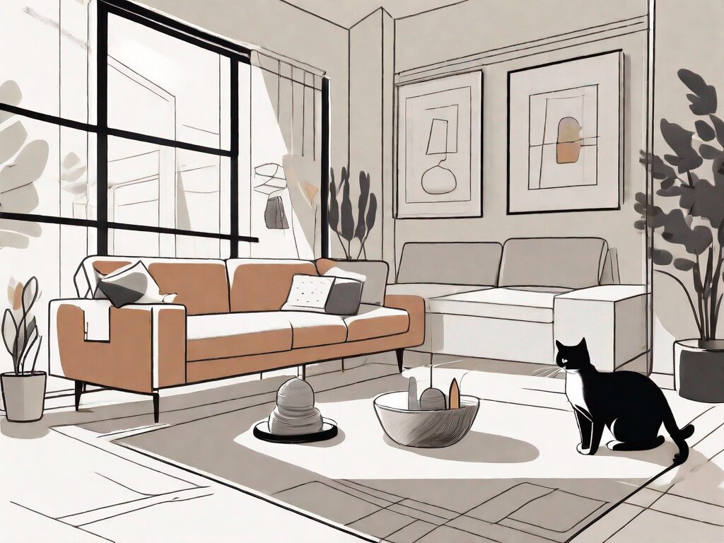 A well-kept living room with a cat lounging on a clean couch