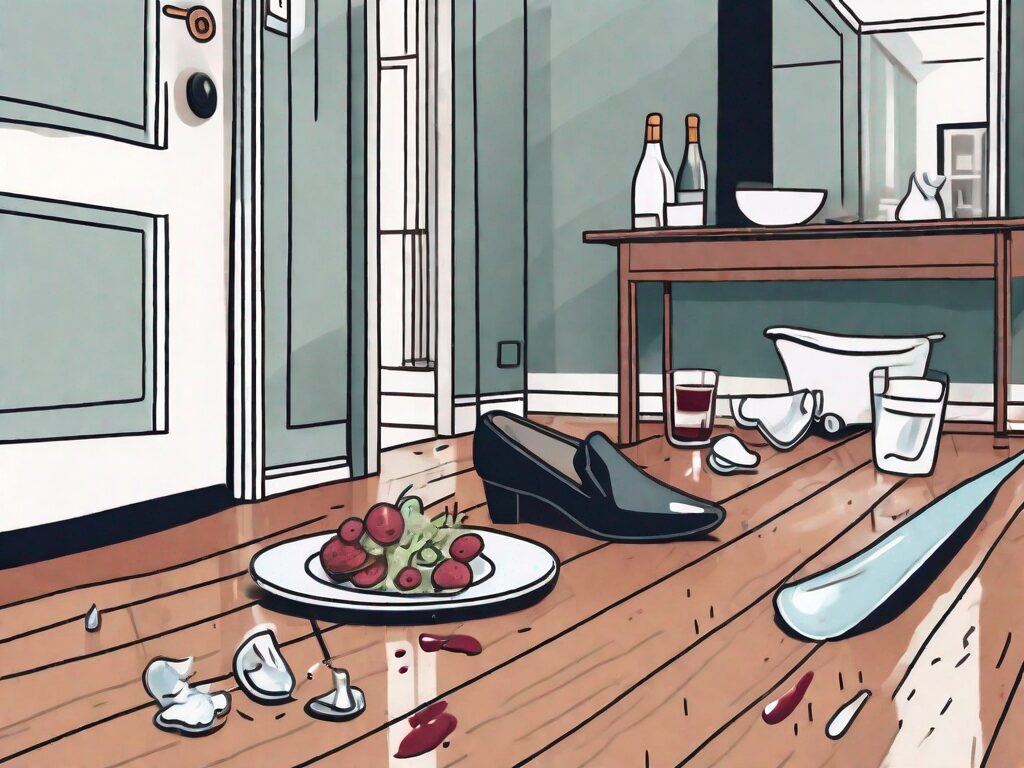 An open house scene with various symbols of etiquette fails such as shoes left at the entrance