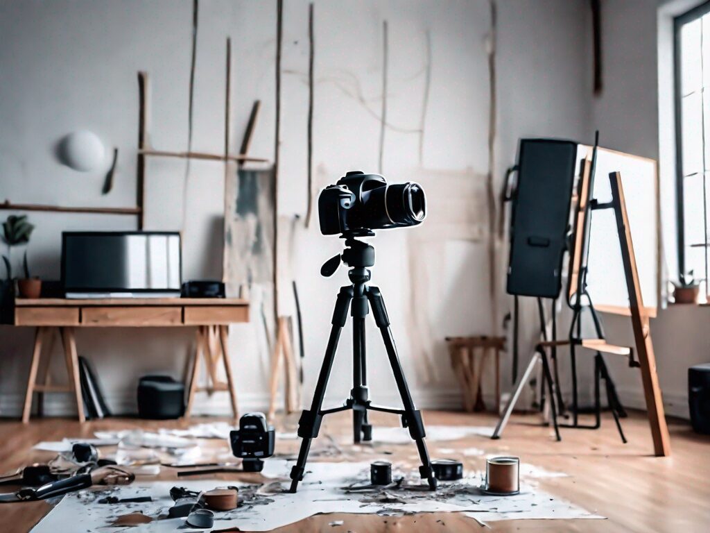 A camera on a tripod in front of a poorly lit