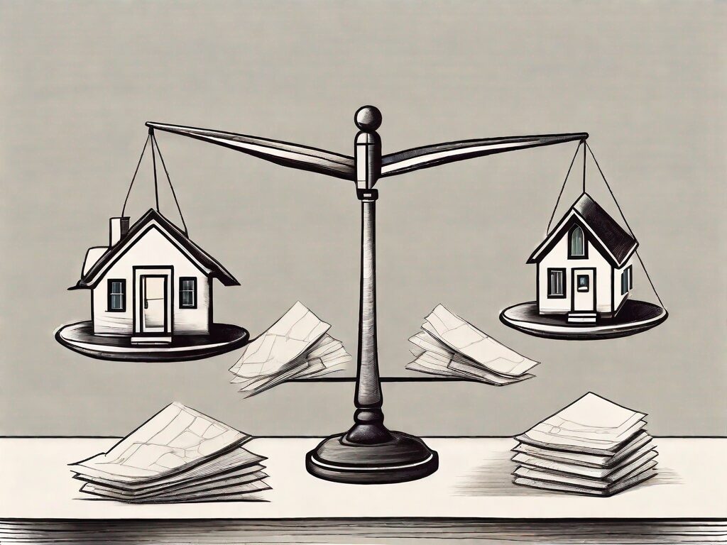 A balanced scale with a house and a pile of paperwork on each side