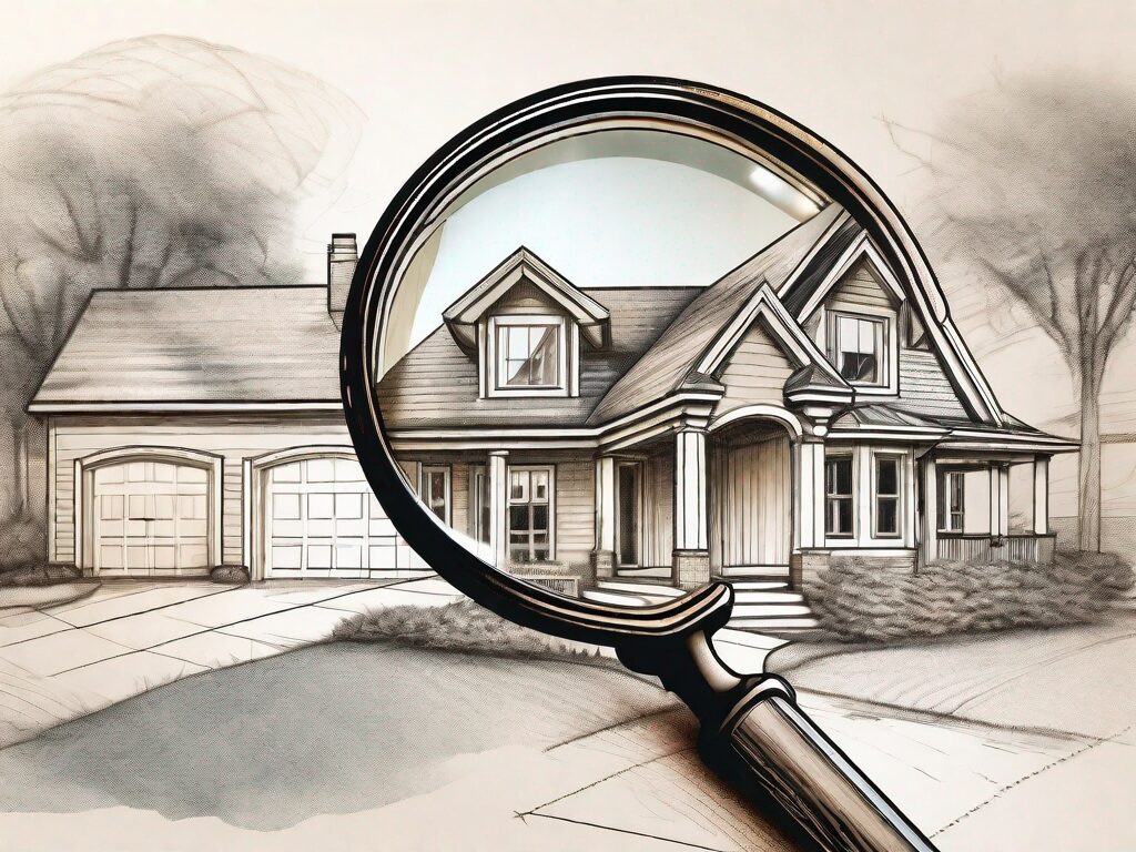 A magnifying glass hovering over a detailed sketch of a house