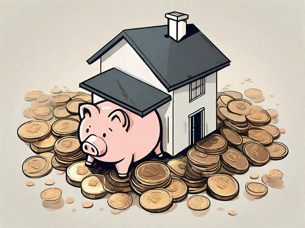 A piggy bank in the shape of a house sitting on a pile of coins