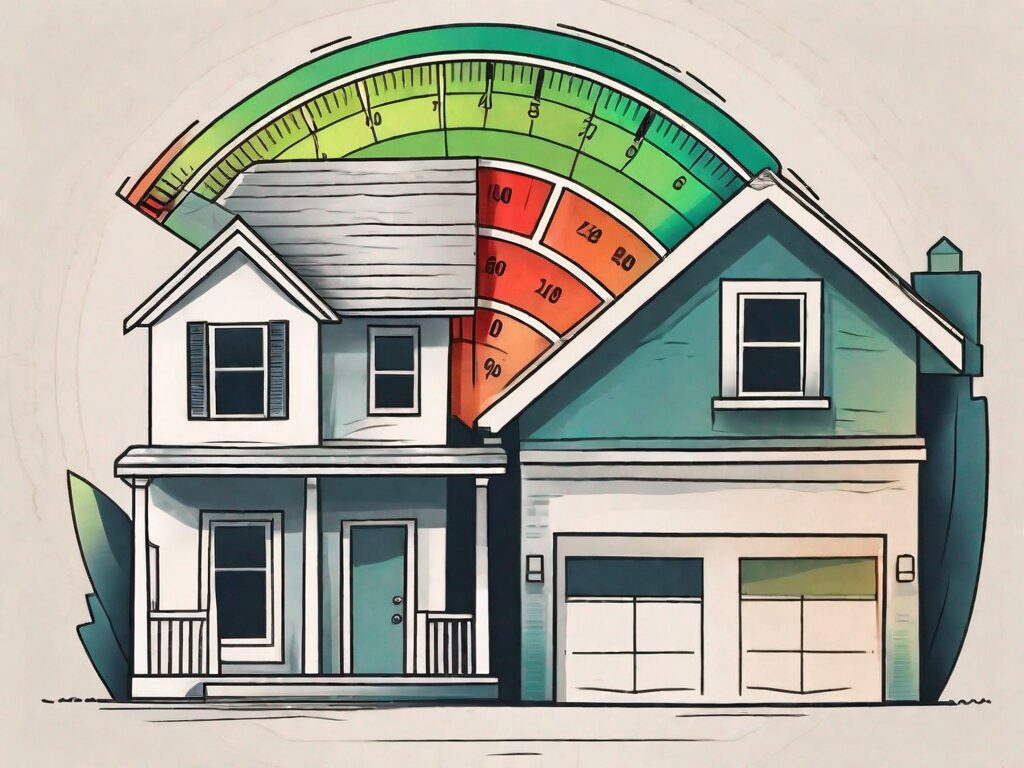 A house with a large credit score meter on one side and a smaller mortgage rate meter on the other side