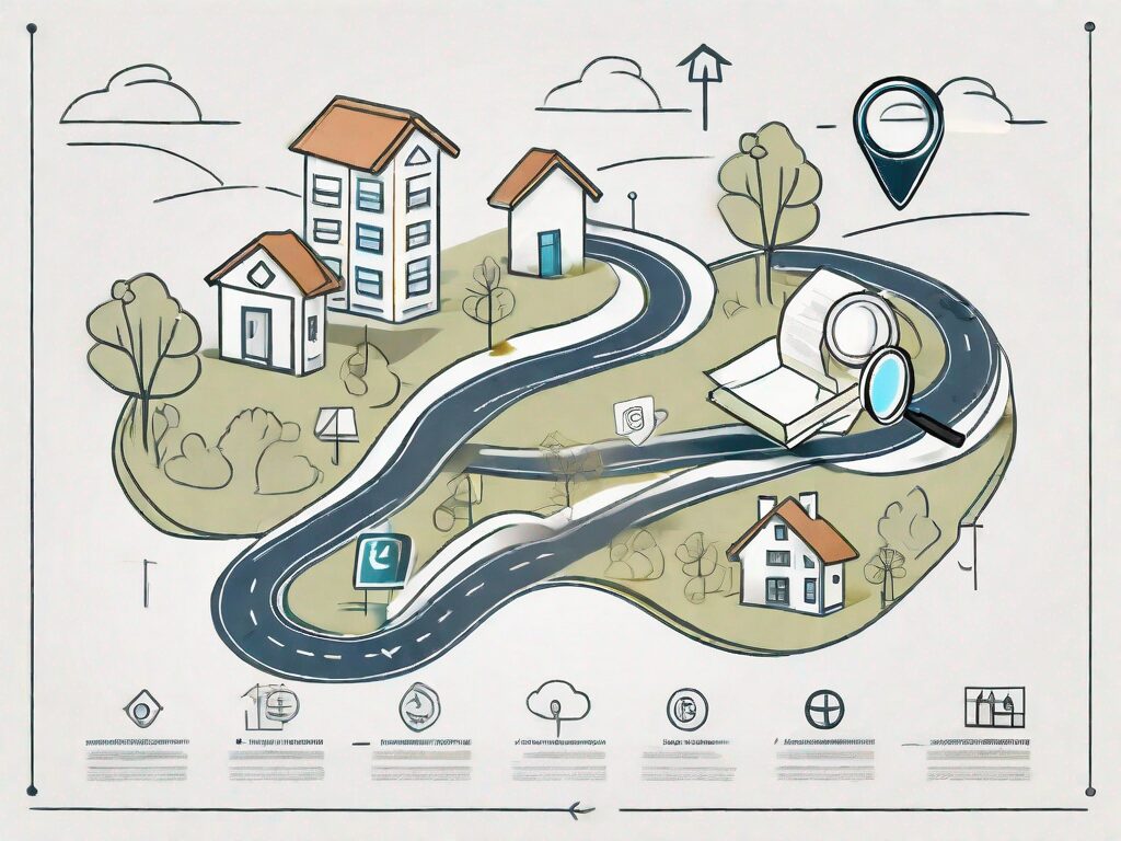 A roadmap with various symbolic icons like a house