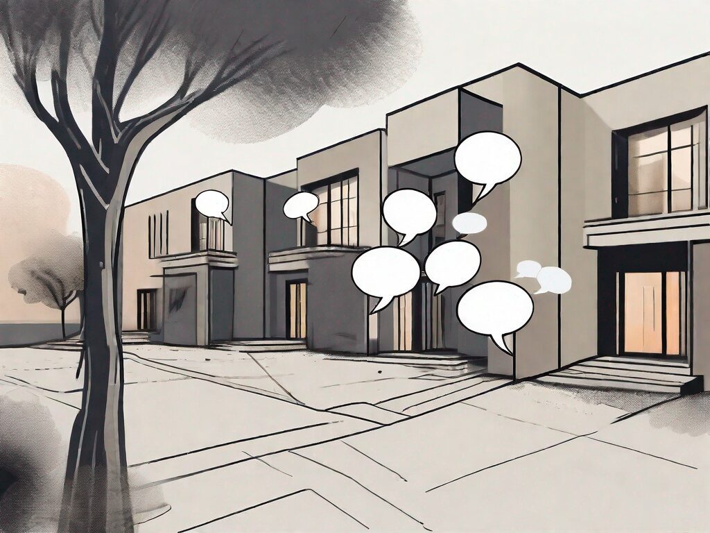 A real estate property with speech bubbles coming out of it