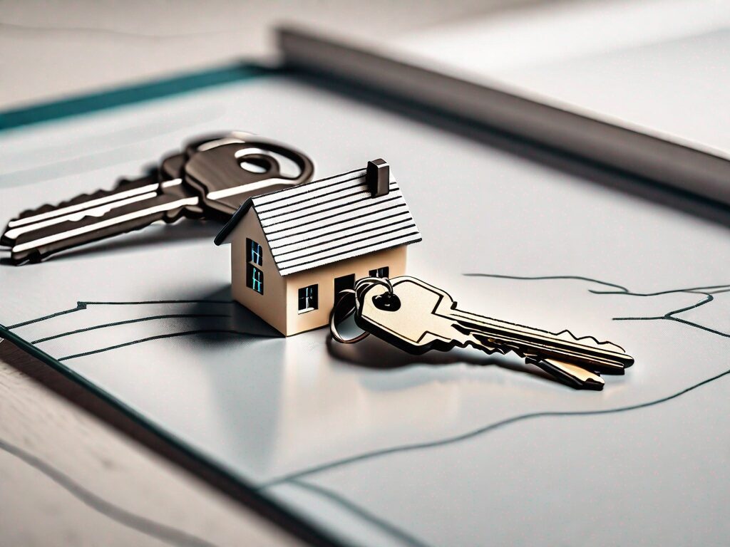 A pair of keys on a table with a small