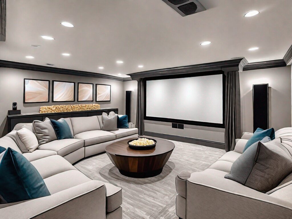 A transformed basement featuring a large projector screen