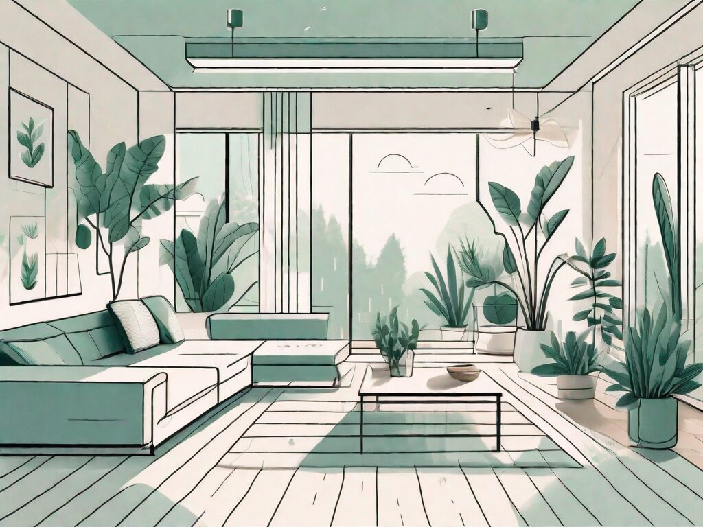 A modern home interior featuring eco-friendly upgrades such as plants