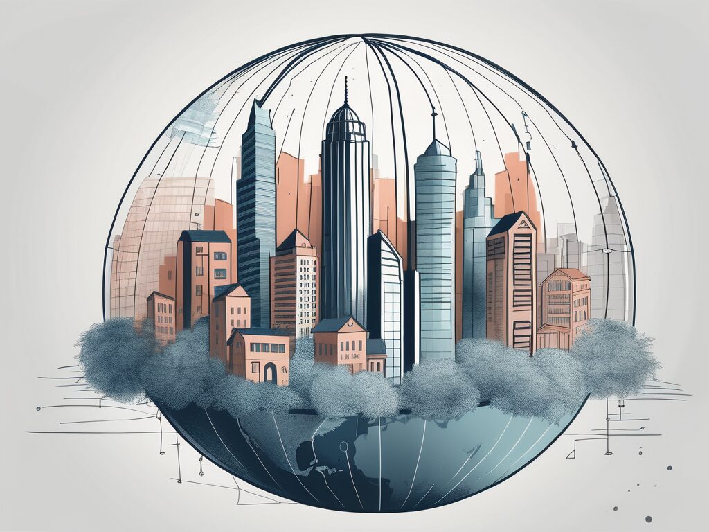 A globe with various houses and skyscrapers sprouting from different regions