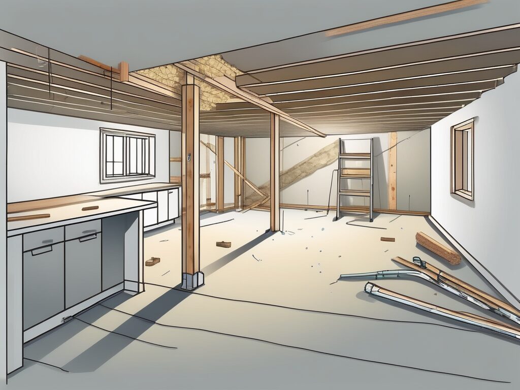 A basement under construction with visible elements such as insulation