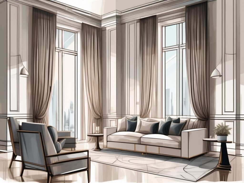 A stylish interior featuring roman valances on large windows