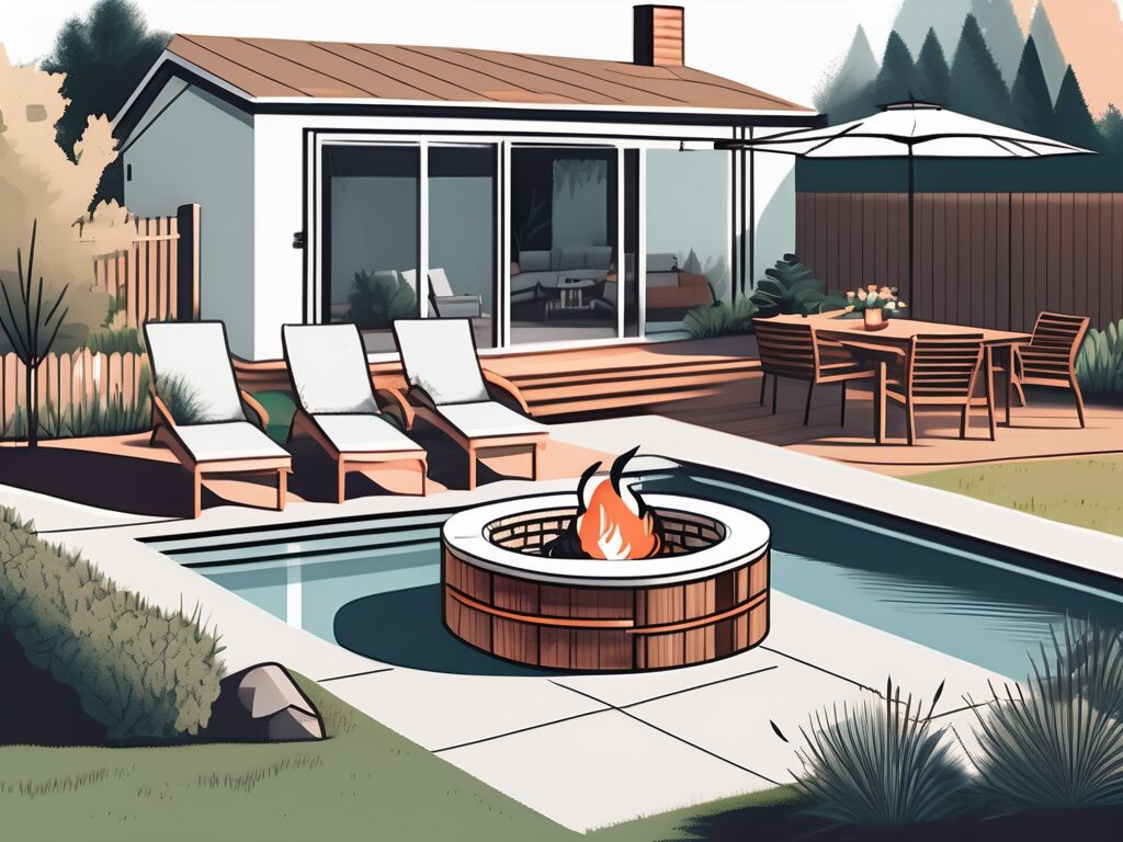 A stylish backyard with features like a fire pit