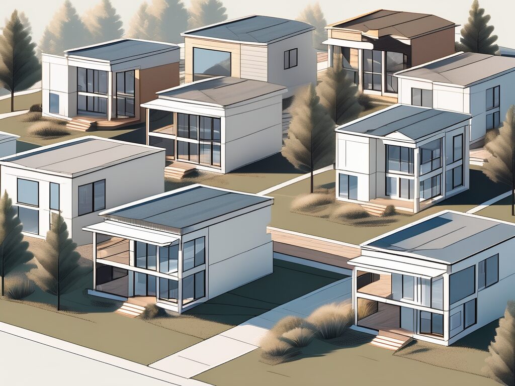 A variety of modular homes in different stages of assembly