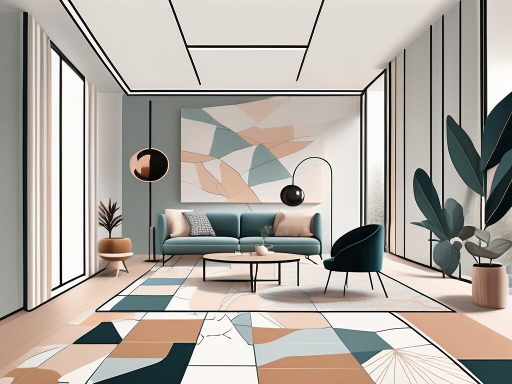 A modern living room with various trending flooring options such as light wood