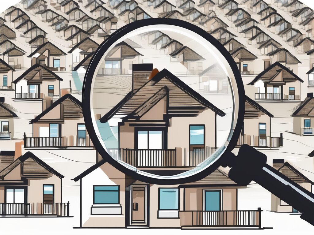 A magnifying glass hovering over a model home with price tags hanging off it