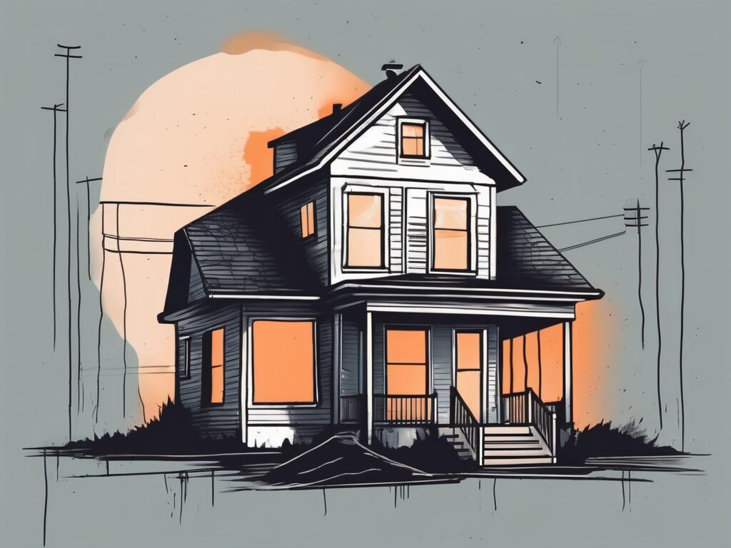 A house in a state of disrepair with a for sale sign in front