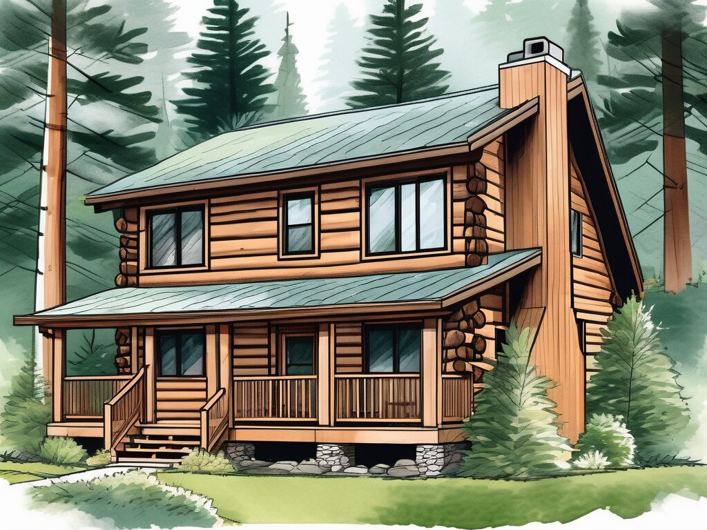 A well-maintained log home surrounded by lush greenery