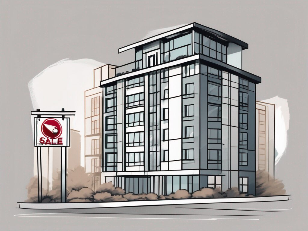 A condo building with a "for sale" sign in front