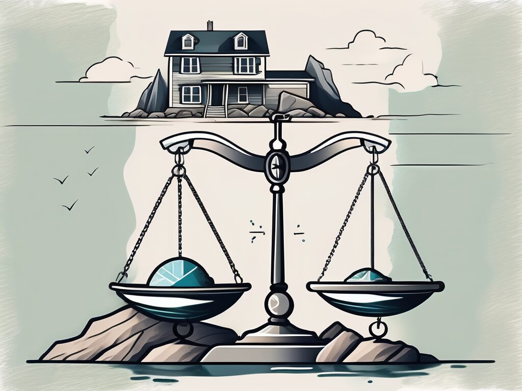 A house on a rocky sea with a compass and a balance scale