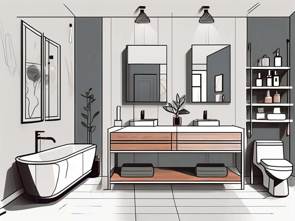 A spacious bathroom interior showcasing a stylish double sink vanity