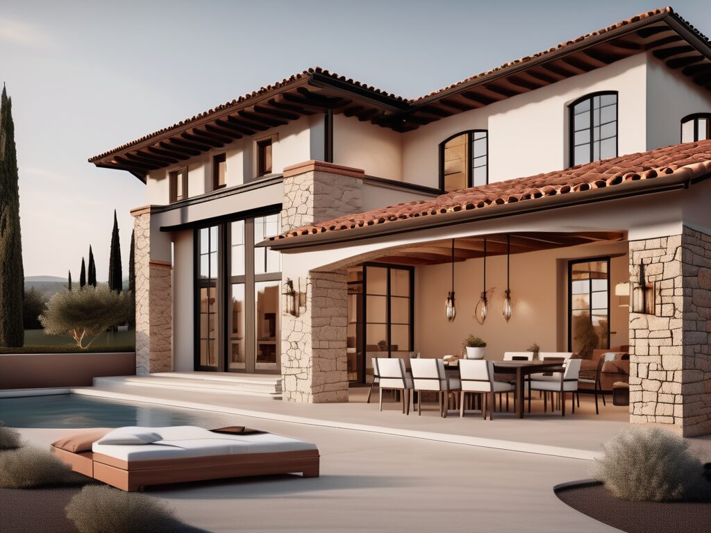 A tuscan-style home showcasing modern elements such as sleek furniture
