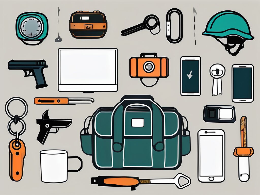 A real estate agent's toolkit with items symbolizing safety measures such as a flashlight