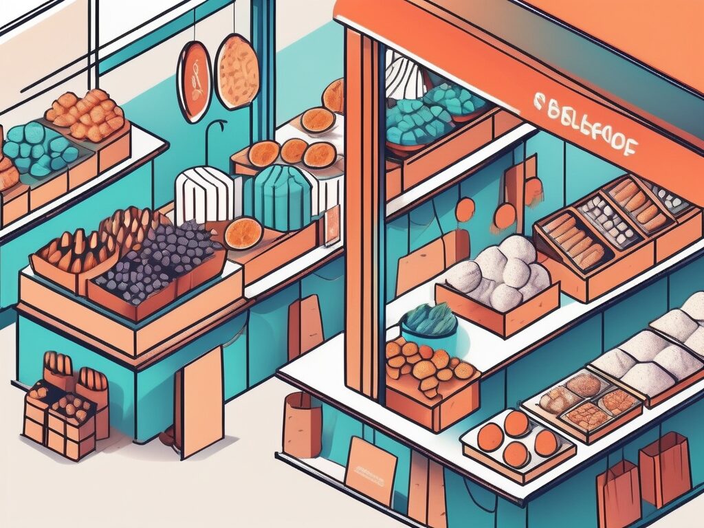 A vibrant marketplace with various stalls displaying a variety of products