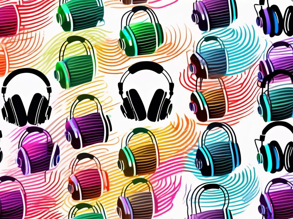 Several pairs of headphones connected by colorful sound waves