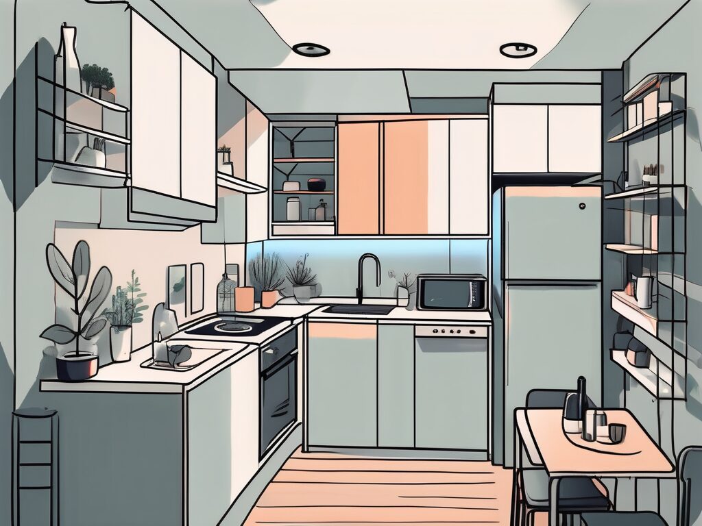 A micro apartment with visible areas such as a compact kitchen