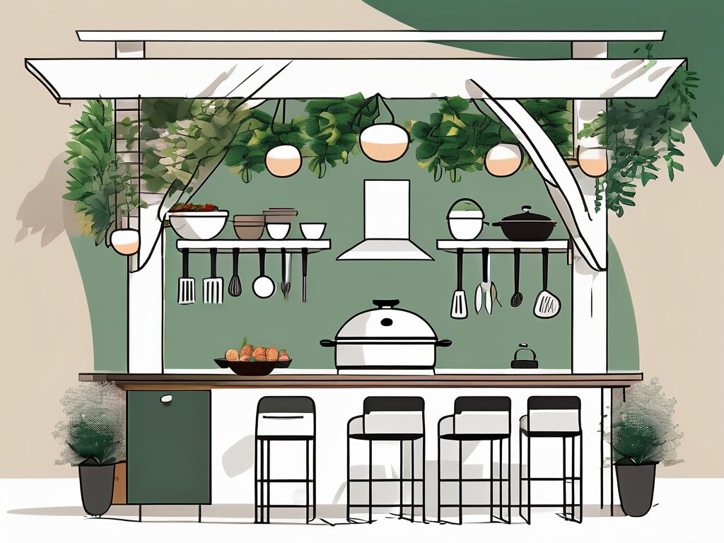 An outdoor kitchen with various design elements like a grill
