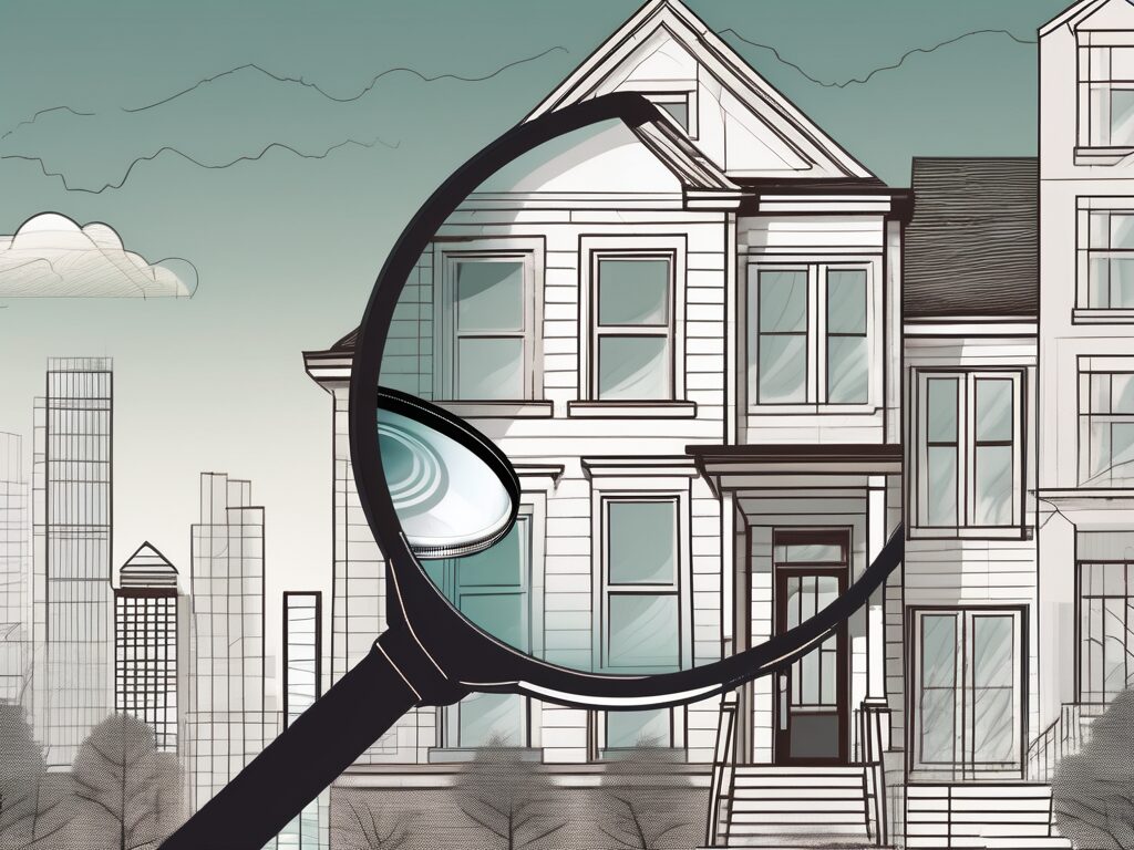 A detailed home exterior with a magnifying glass hovering over it