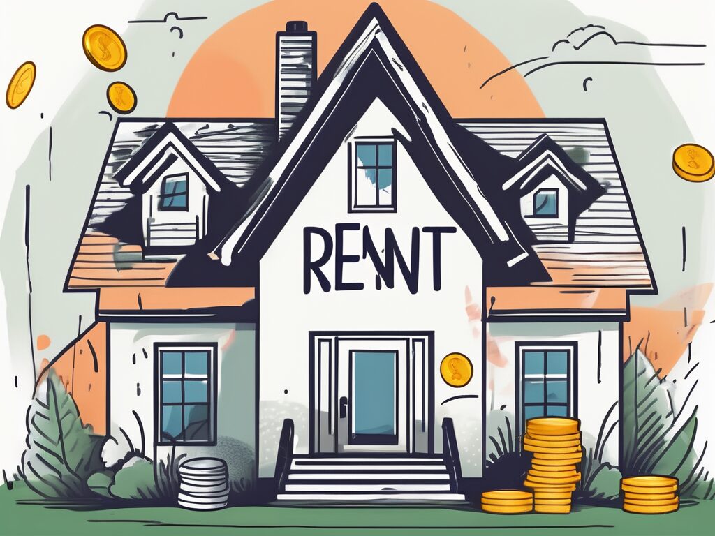 A house with a 'for rent' sign on the front lawn