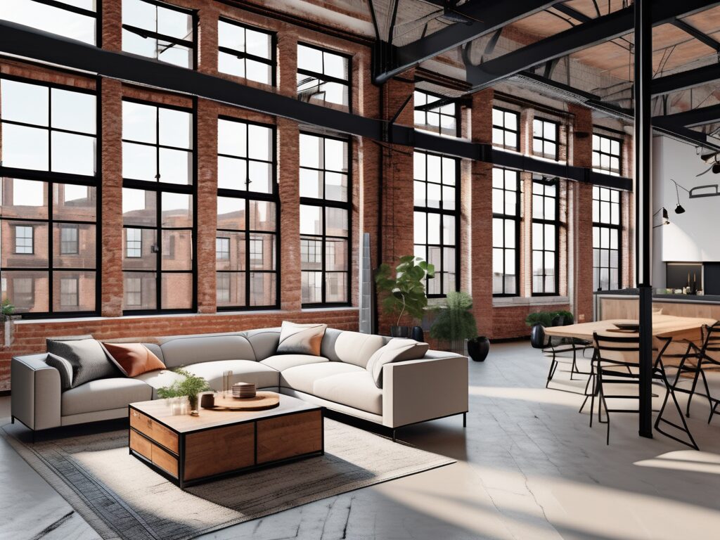 A spacious loft apartment with exposed brick walls and high ceilings