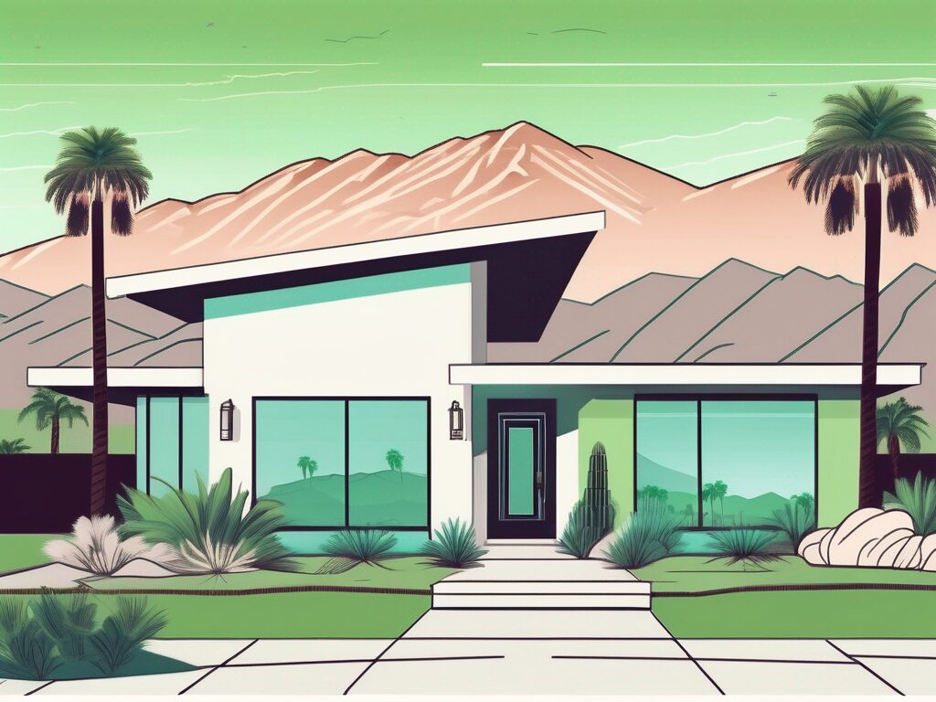 A picturesque palm springs house with a lush green lawn